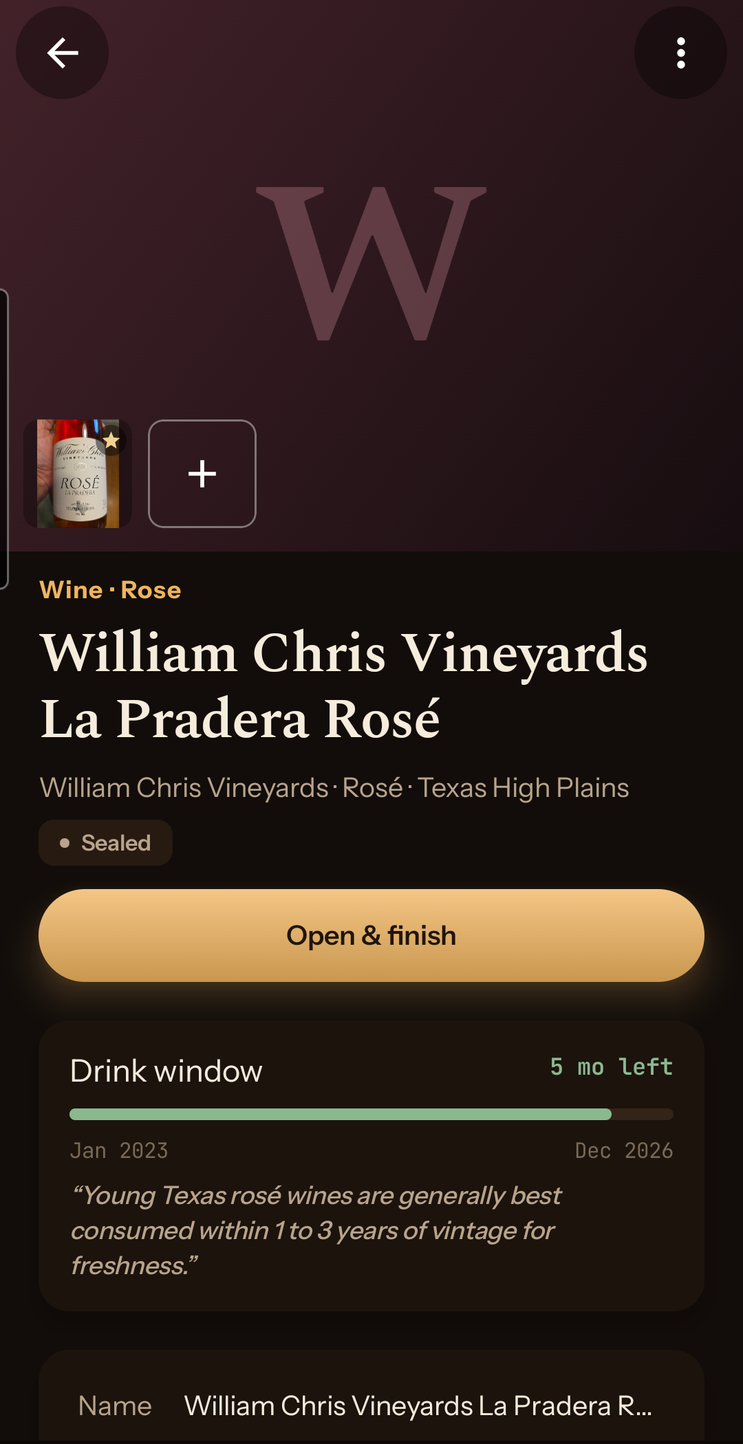 A bottle's detail screen