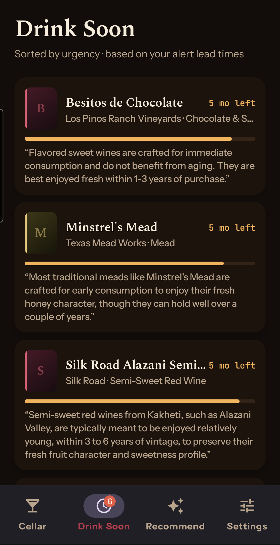 Drink Soon, one list sorted by urgency