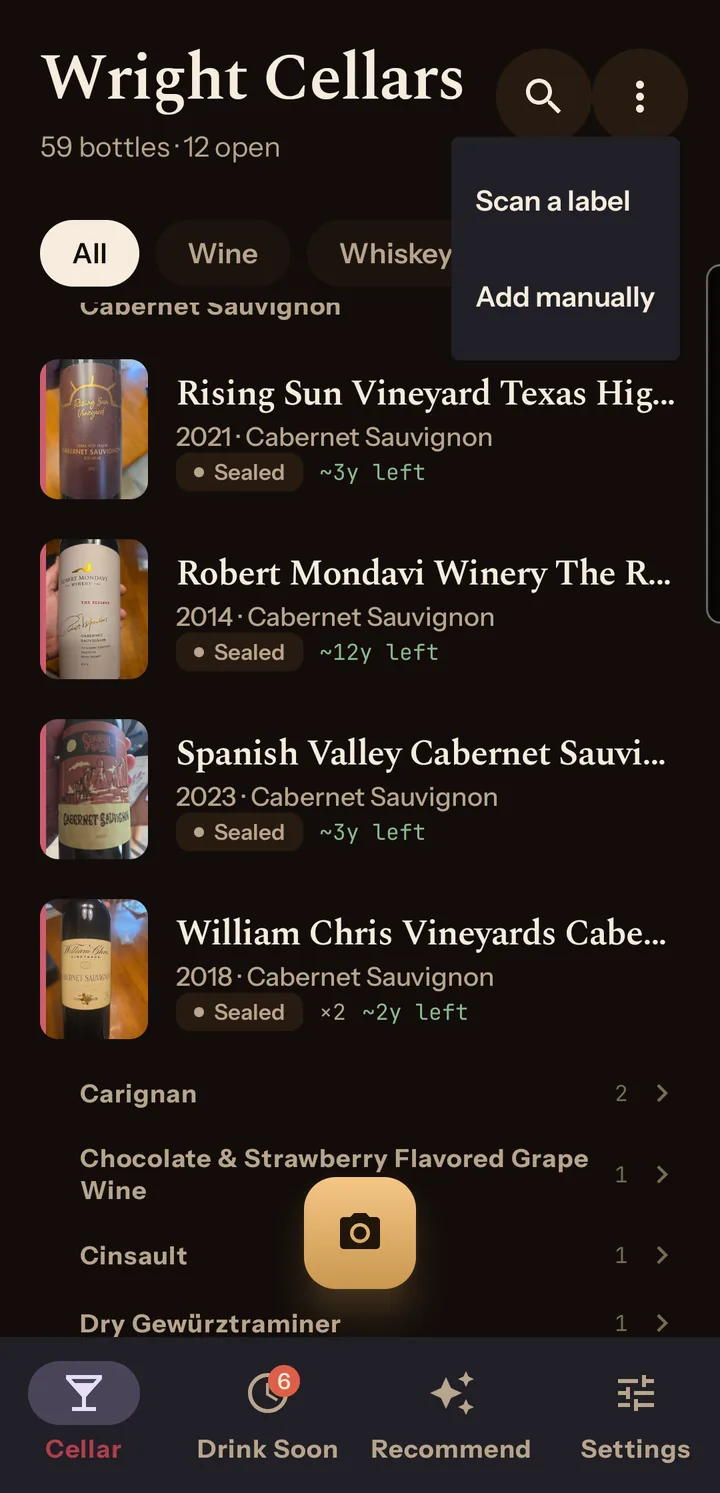 The ⋮ menu on the Cellar screen