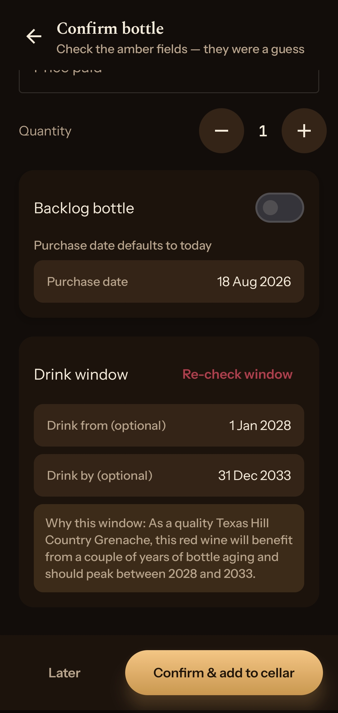 The drink window after the re-check, 2028 to 2033 with a written reason