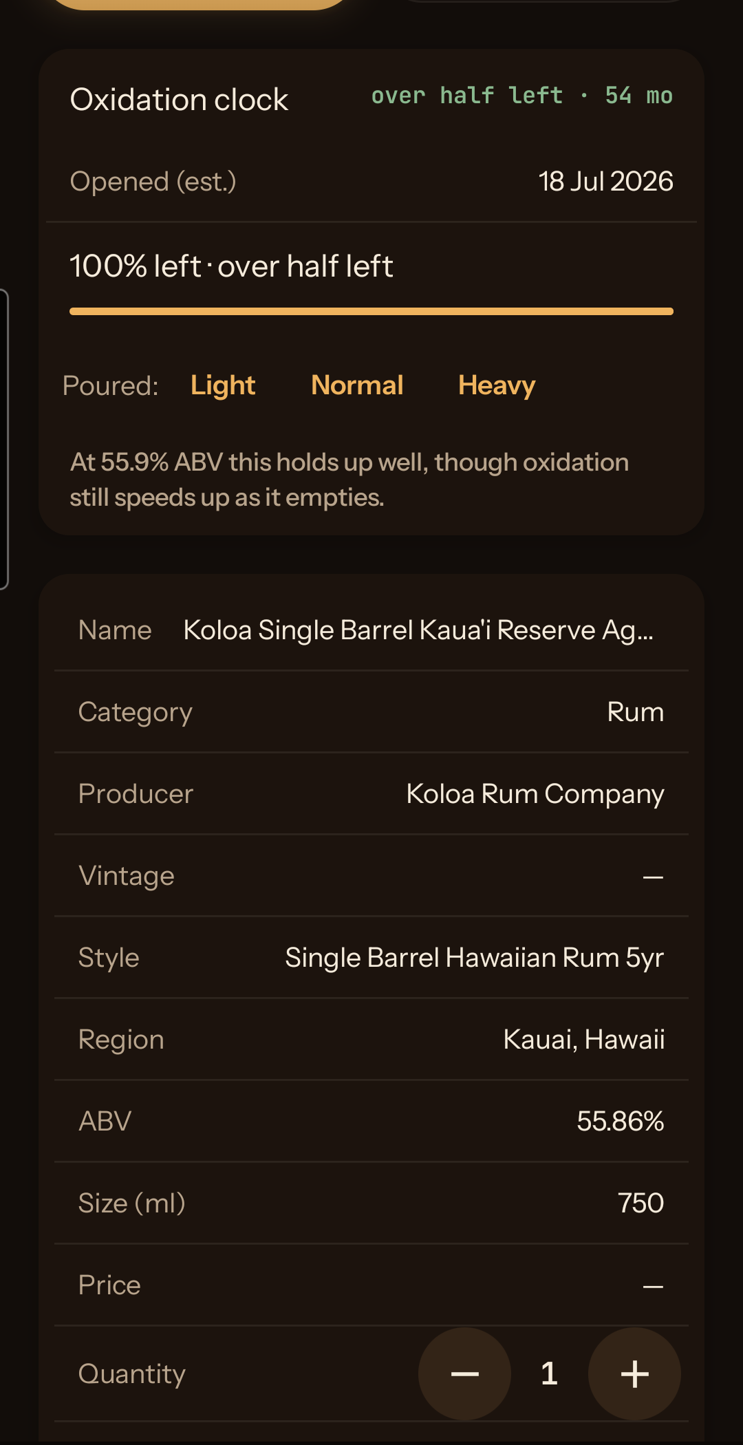 An open rum at 55.86% ABV, 54 months on the clock, with the app's reasoning naming the proof band