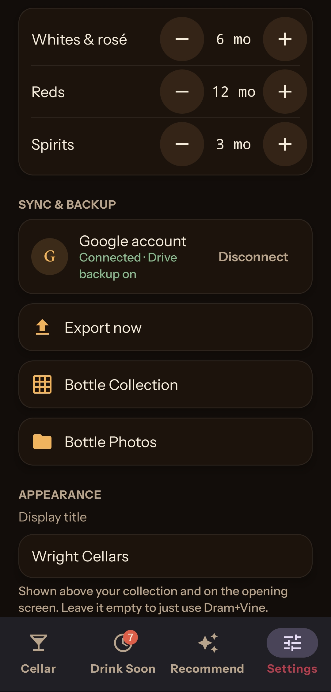 Settings, showing the connected Google account, Export now, and links to the Bottle Collection sheet and Bottle Photos folder